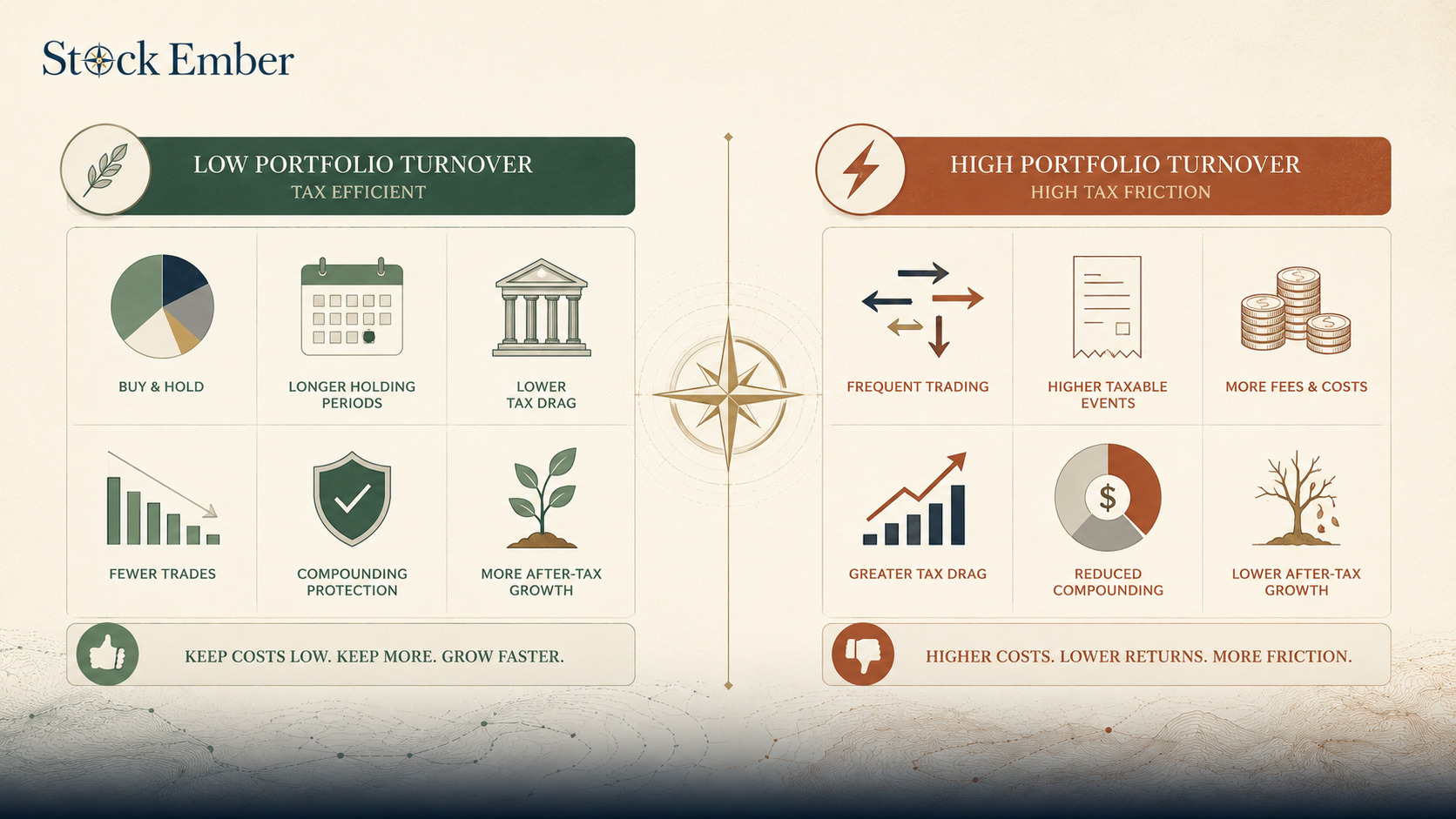 Diagram contrasting the transaction friction and tax events of active funds with the efficiency of index tracking