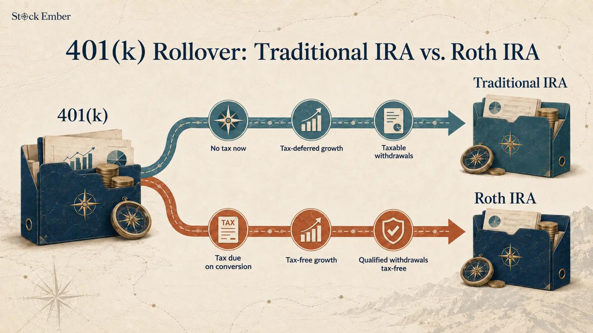 Diagram comparing tax rules for Traditional IRA and Roth IRA rollovers.