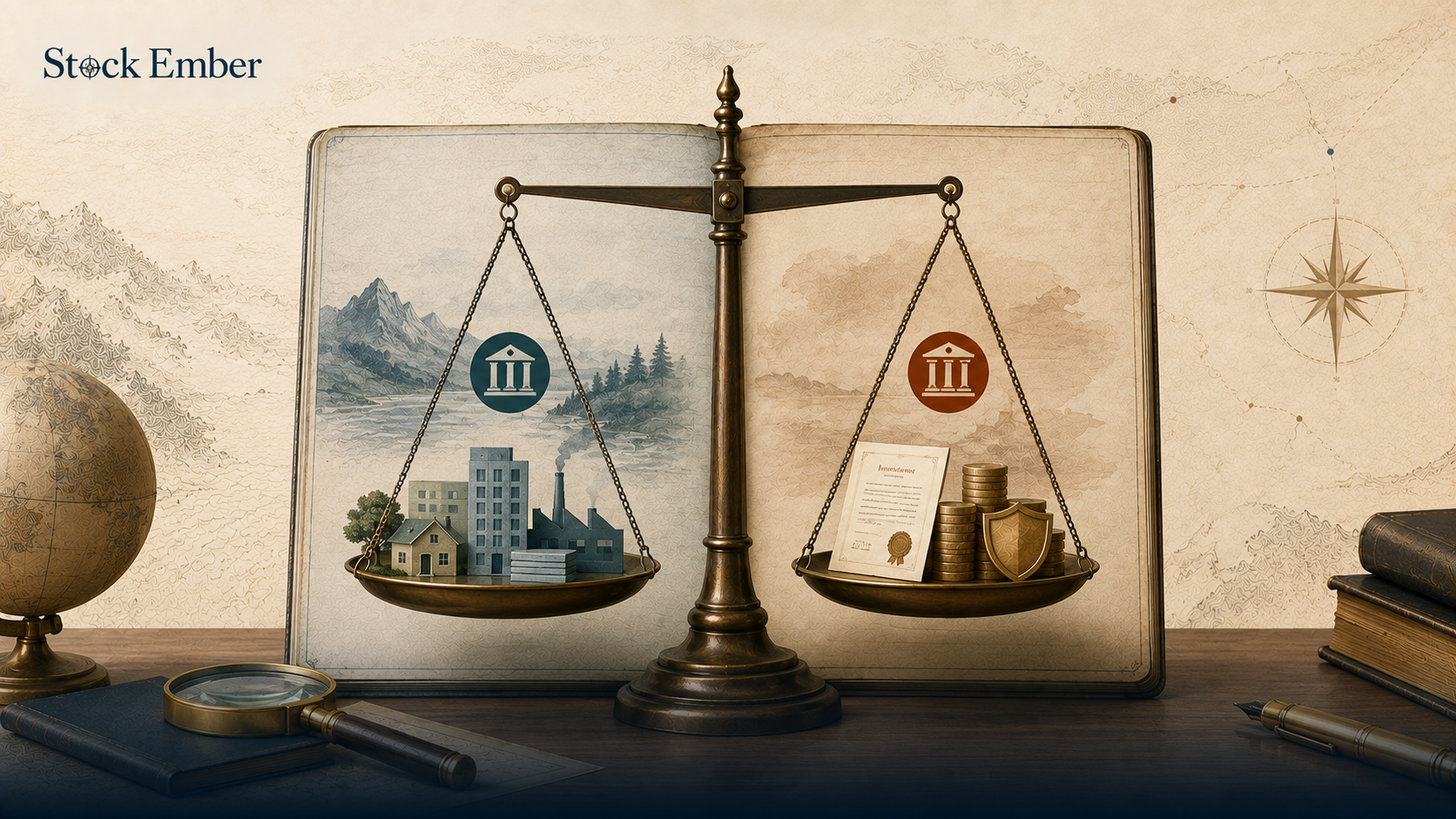 Illustration showing assets balancing against liabilities and equity on a financial balance sheet.