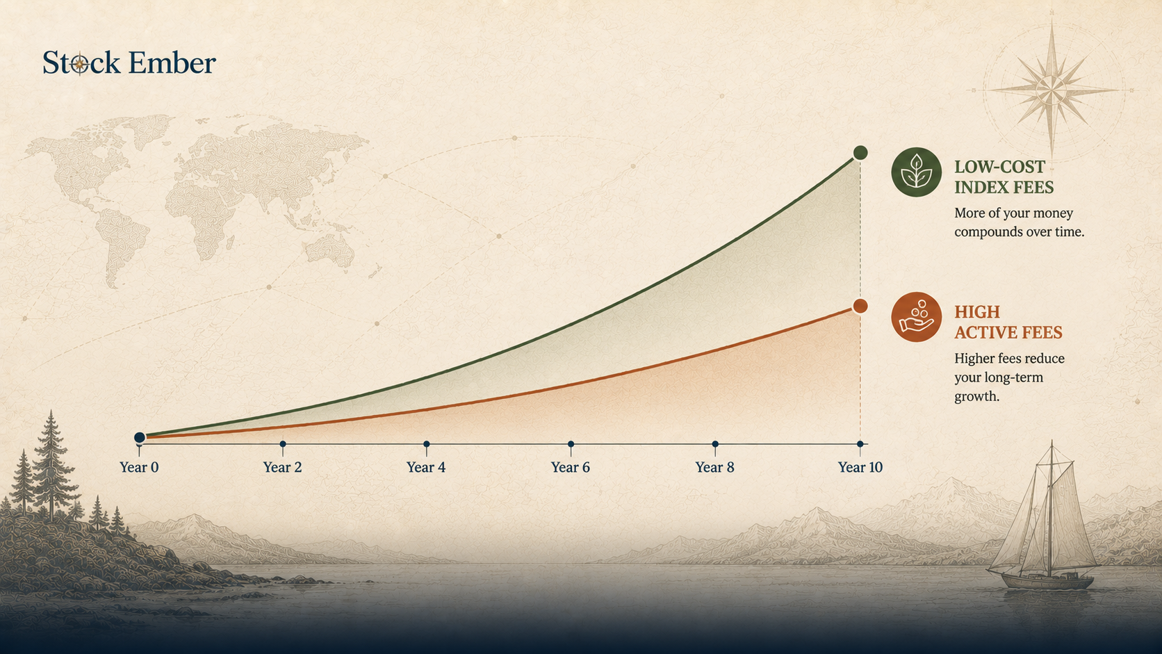 A ten-year investment comparison chart illustrating the impact of index fund fees on long-term portfolio returns