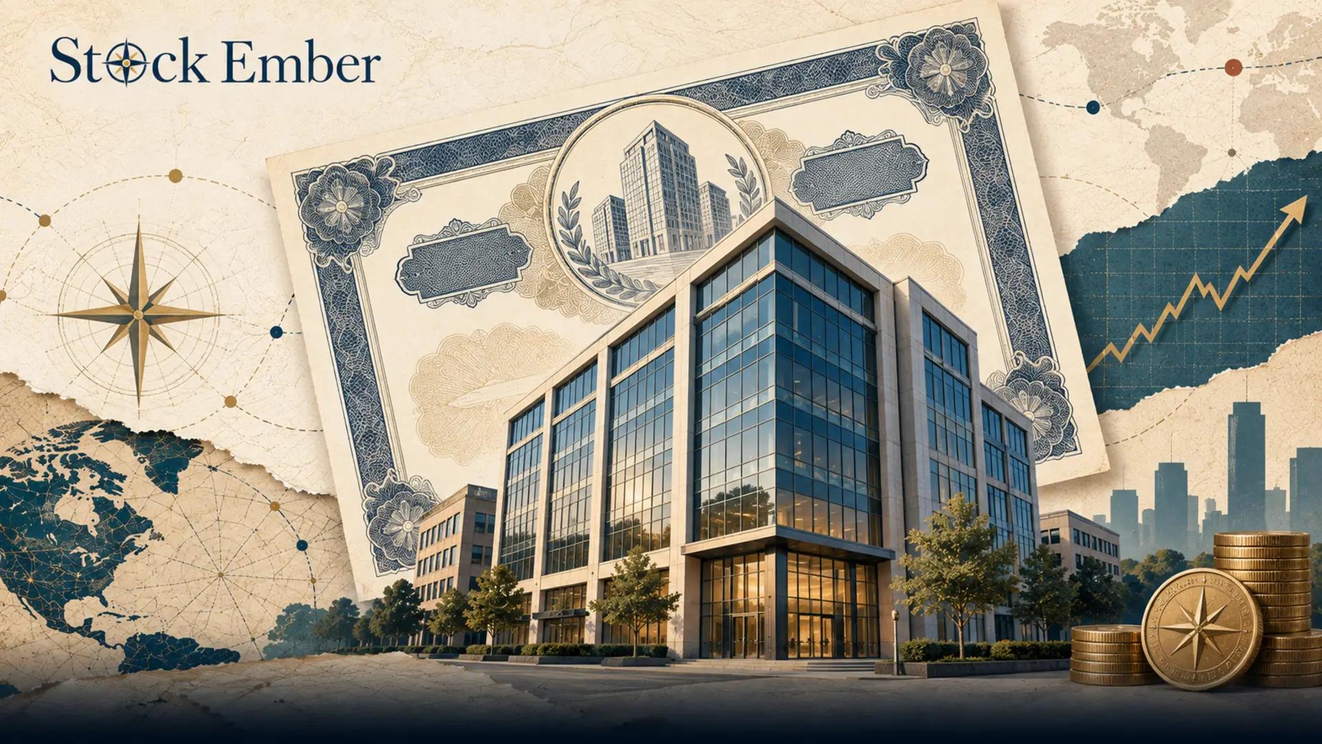 A stock certificate next to a commercial building.