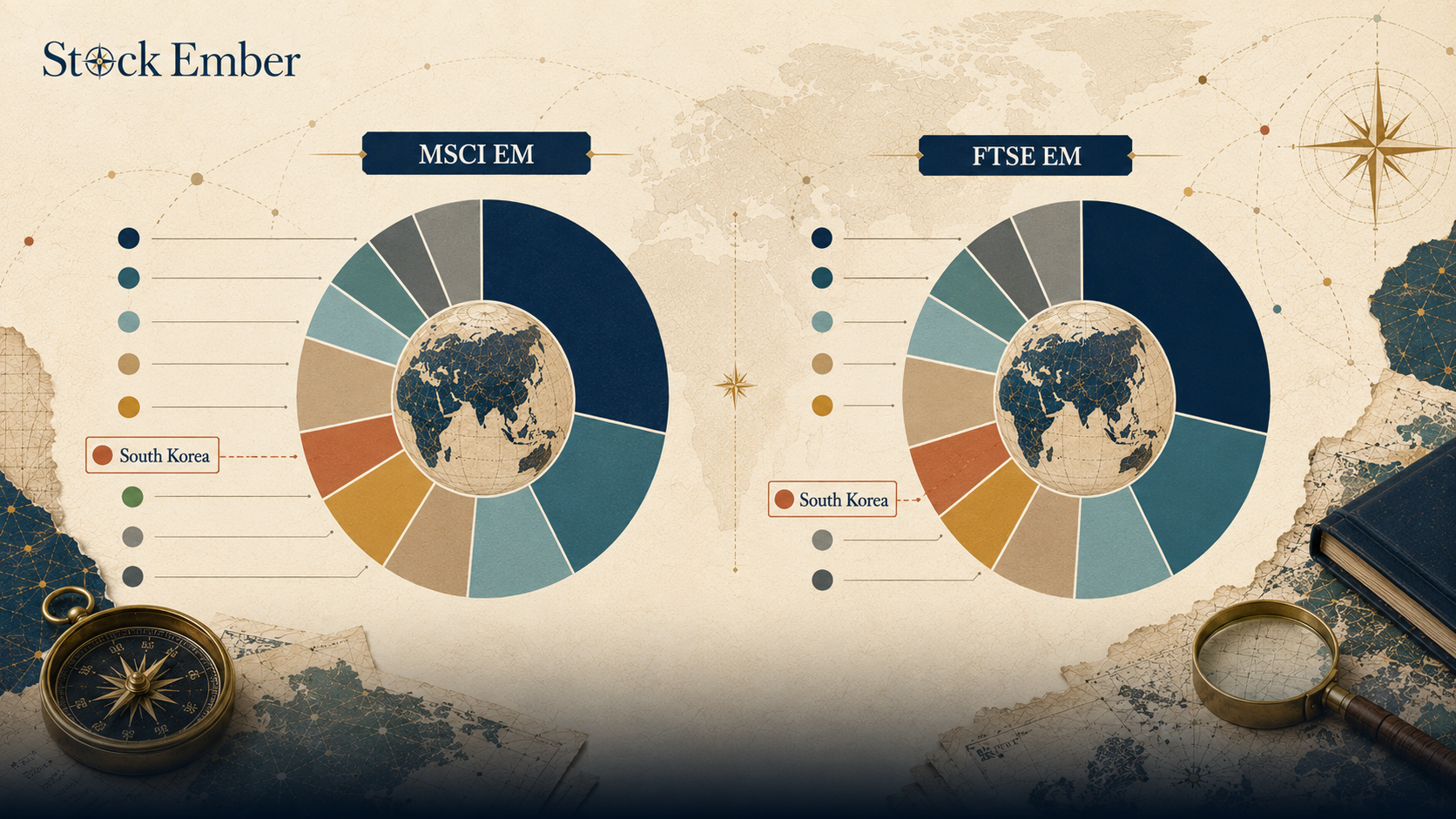 Comparison chart showing how MSCI and FTSE classify South Korea in emerging market indices.