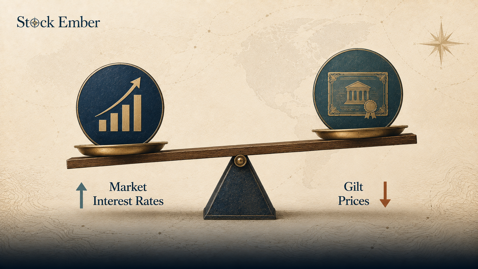 Diagram showing how gilt prices fall when interest rates rise.