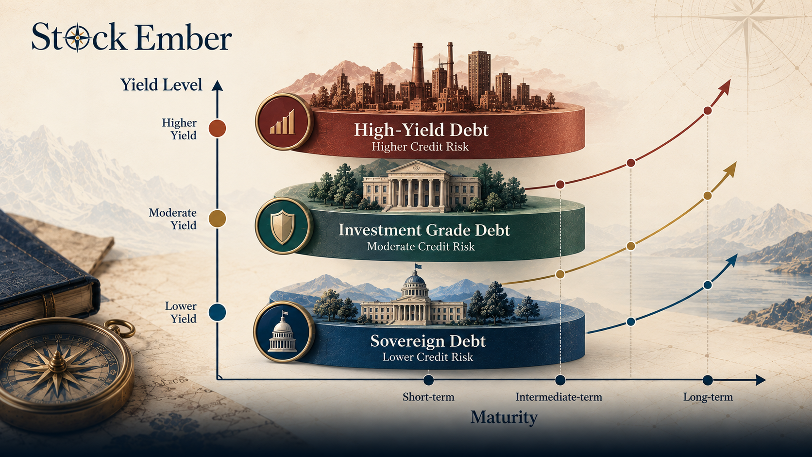 Diagram comparing credit risk and yields across different types of bonds