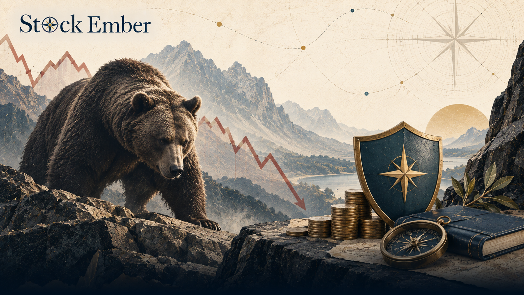 Illustration of an investor guiding a portfolio through a market downturn with a clear strategy