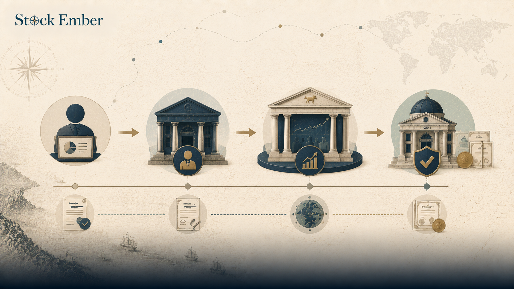 Diagram illustrating stock market infrastructure from investor to broker, exchange, and clearinghouse.