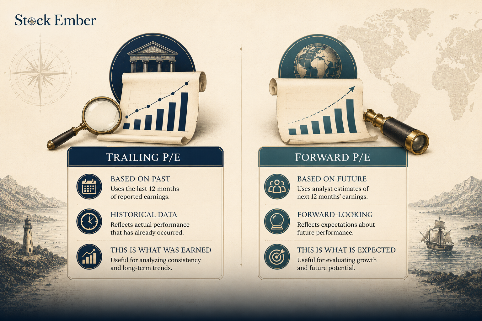 Diagram comparing trailing P/E versus forward P/E ratio calculations.