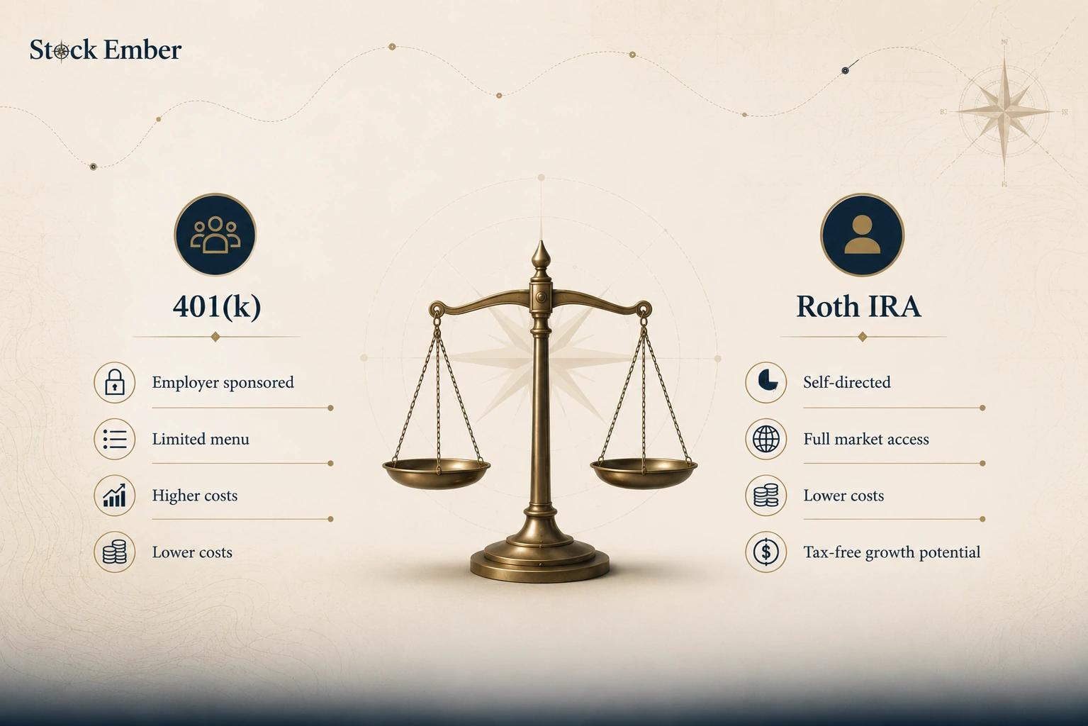 Balance scale comparing 401(k) employer-sponsored features against Roth IRA self-directed features