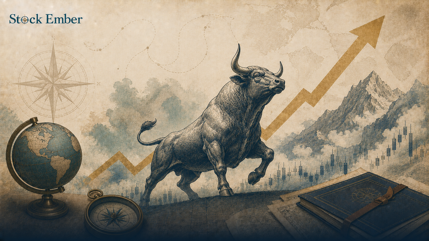 Stock market chart showing a sustained upward trend next to a bull icon.