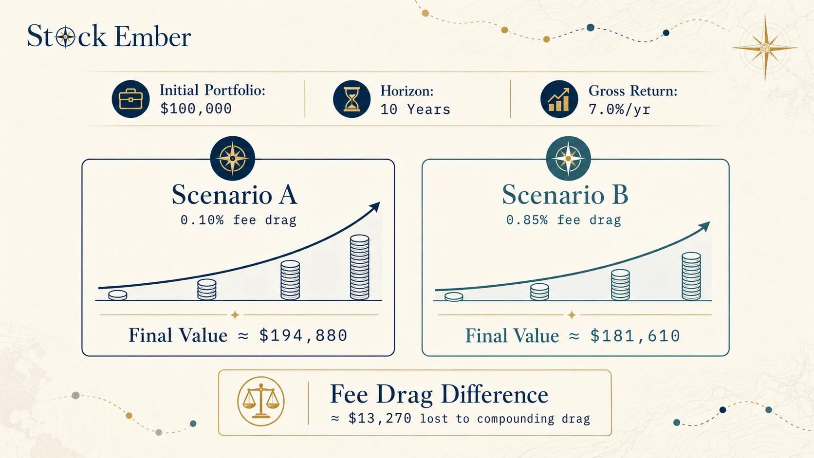 Bar chart comparing portfolio terminal value under low-cost (0.10%) versus moderate-cost (0.85%) annual fee scenarios over 10 years