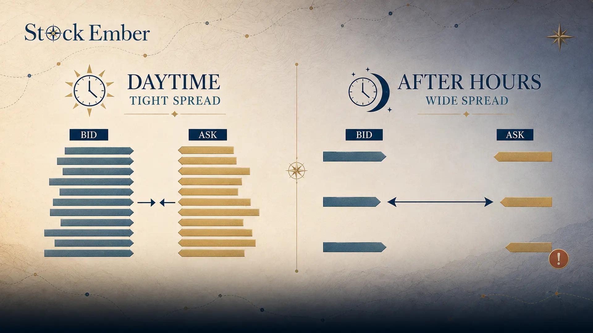 Diagram showing bid-ask spread expansion in low liquidity extended trading hours.