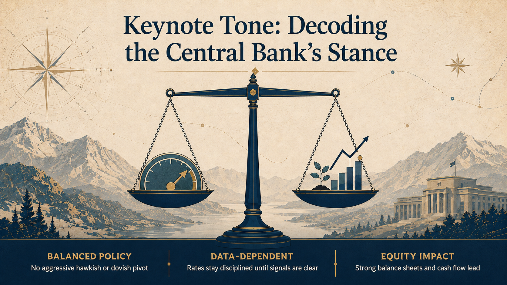 Vector balance scale representing economic growth and interest rate policy signals from Jackson Hole 2026.