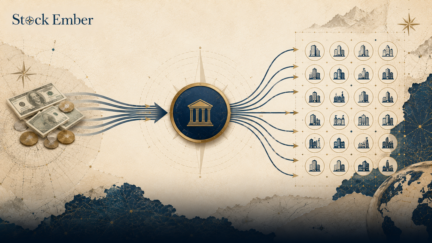 Diagram explaining how an index fund distributes capital across multiple assets.