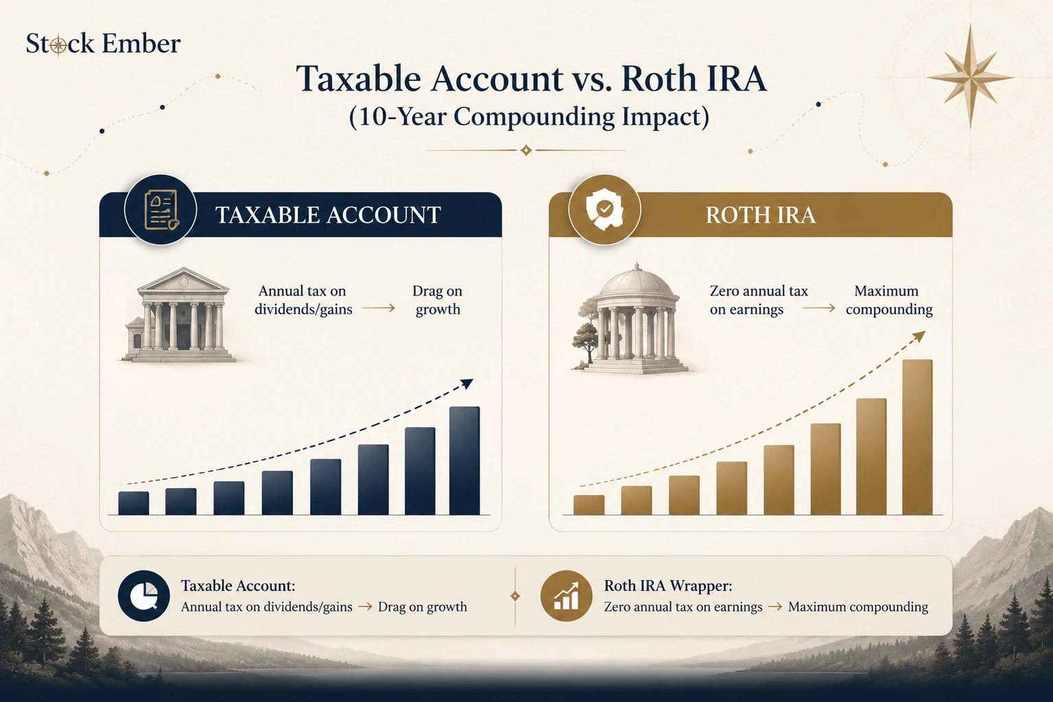 Chart comparing investment growth in a taxable account versus a tax-free Roth IRA over 10 years