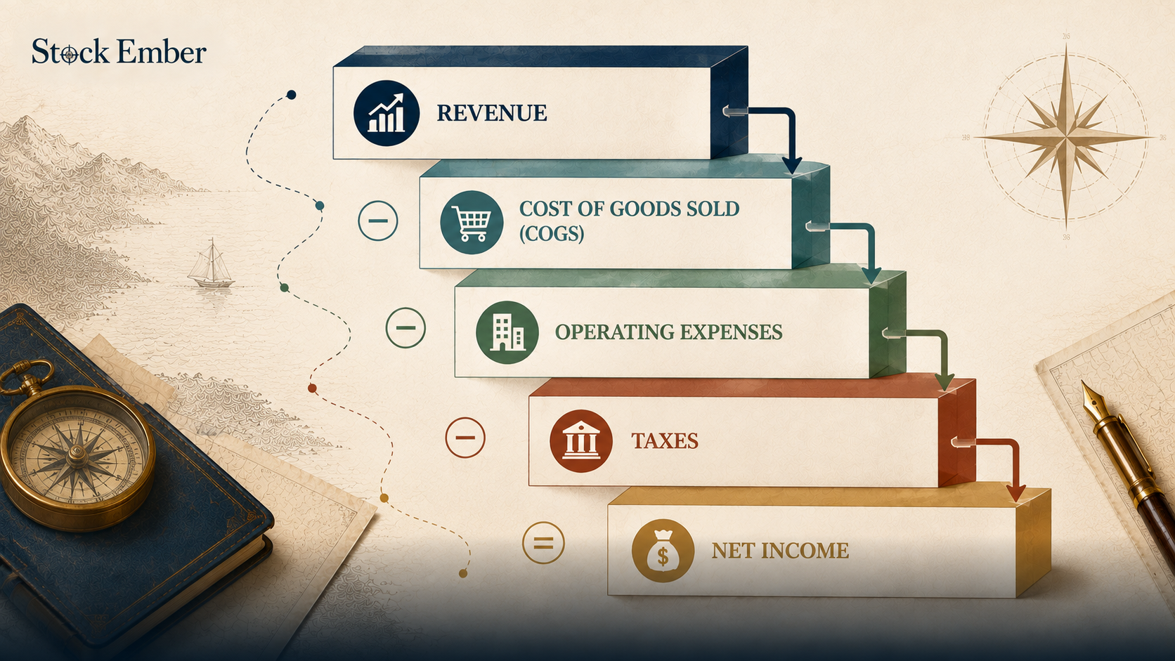 Stair-step diagram detailing revenue, operating expenses, and net income components.