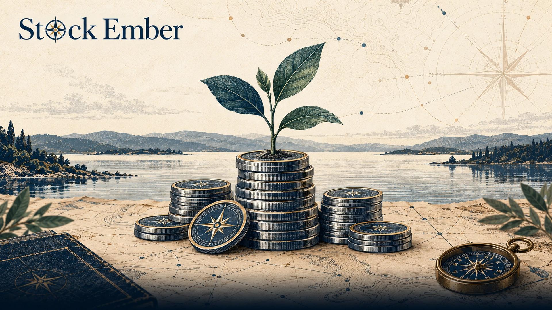 A small plant growing from a stack of coins representing long-term dividend growth.