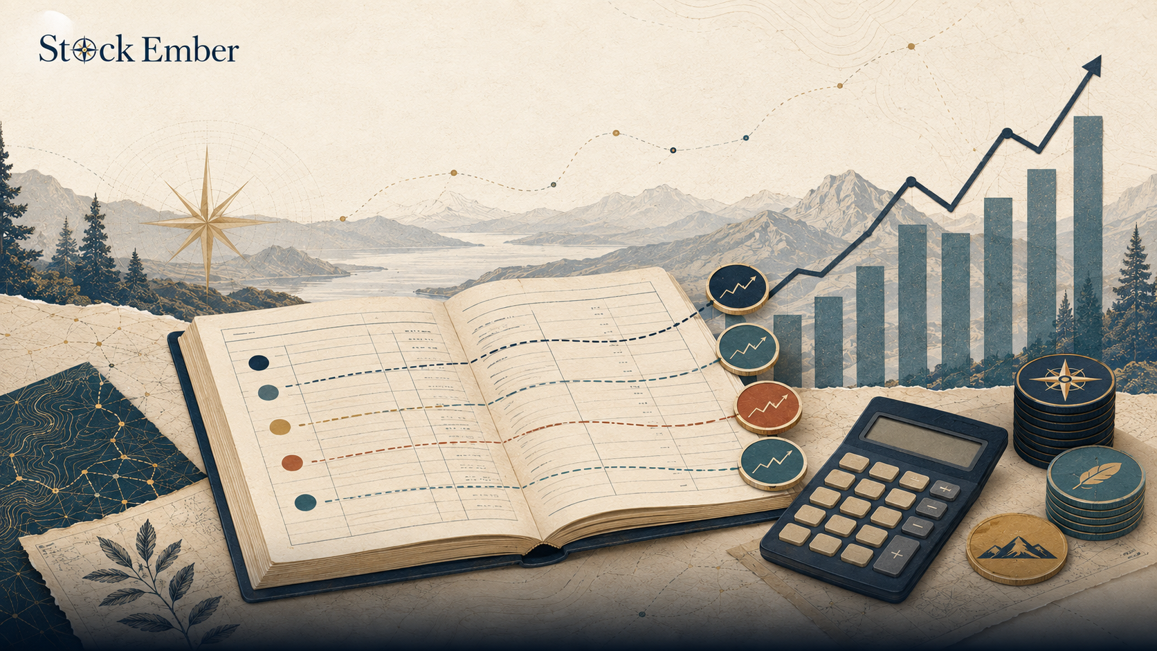 Financial ledger and growth chart representing asset cost basis and capital appreciation.