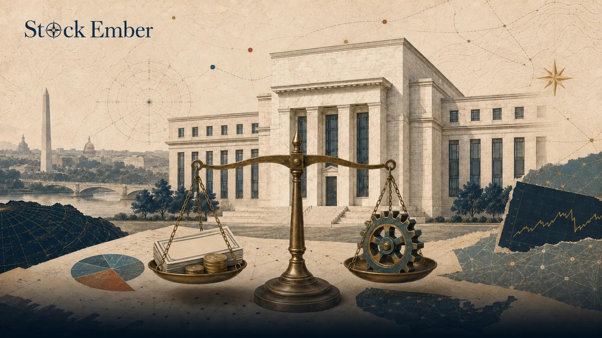 Illustration of central bank monetary policy balancing interest rates and economic growth.