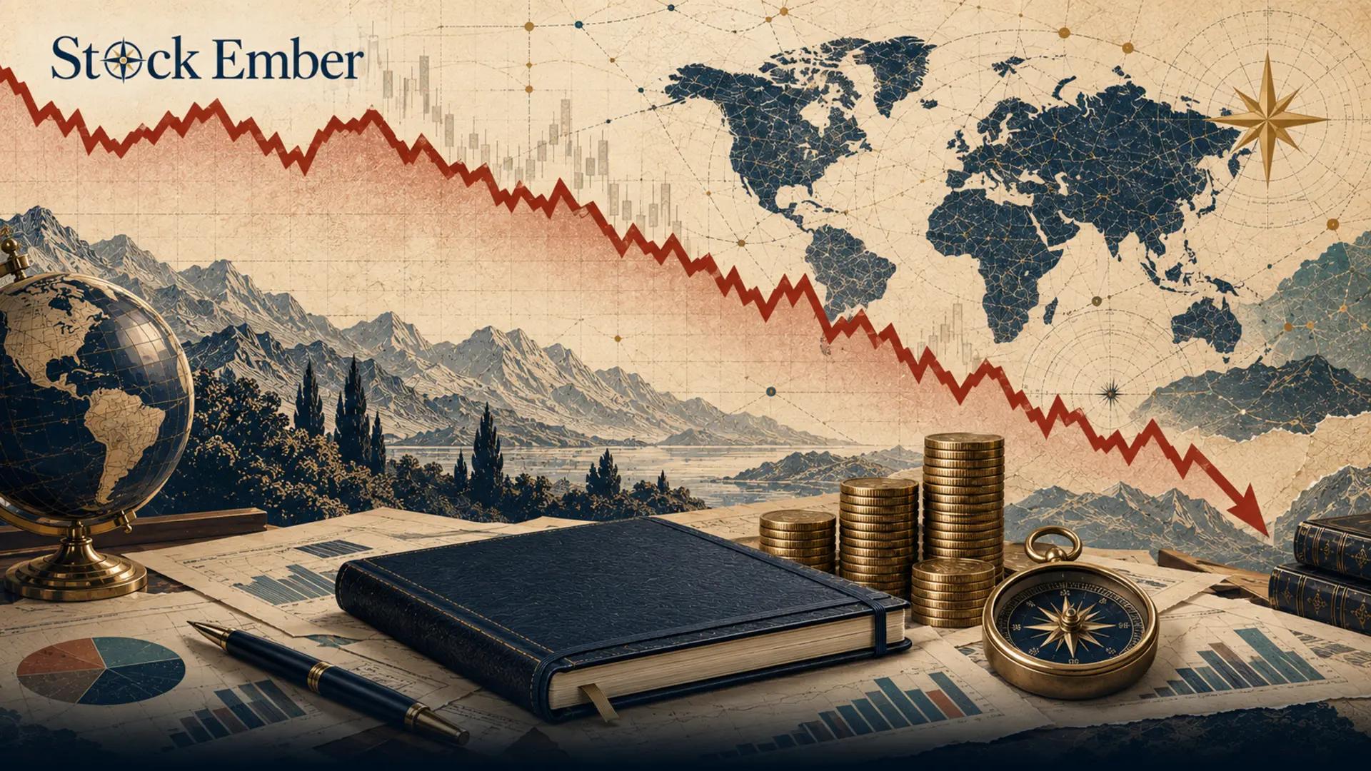 Stock market index chart showing a sharp drop next to a calm long-term investor illustration.