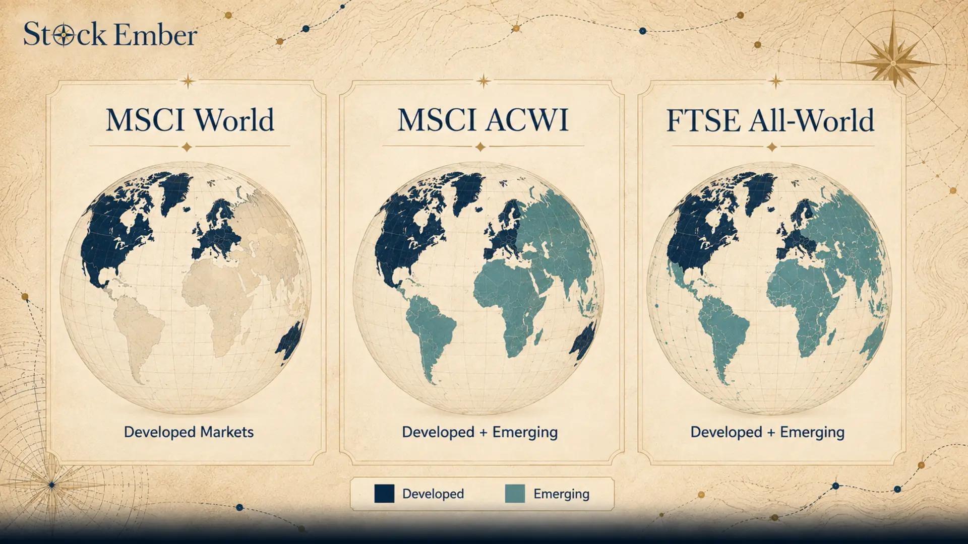 Diagram comparing regional stock coverage between developed and emerging market global indices.