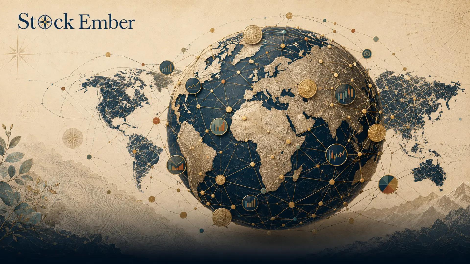 Illustration of a world globe made from interconnected financial stock nodes.