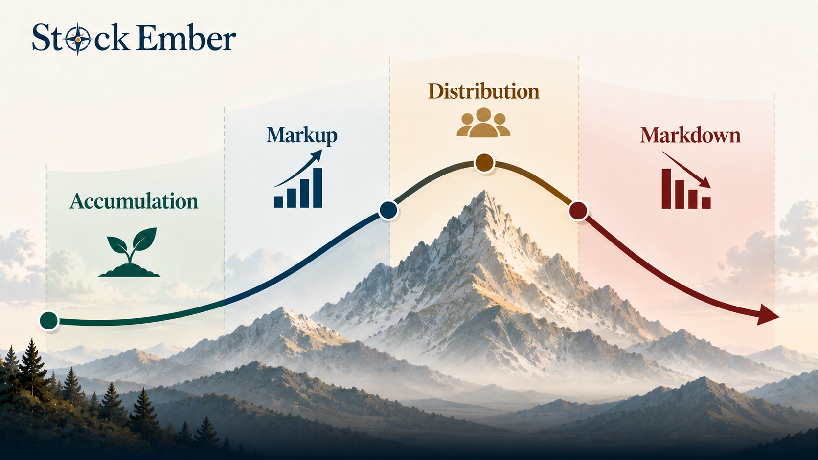Diagram of the four stock market cycle stages from accumulation to markdown.