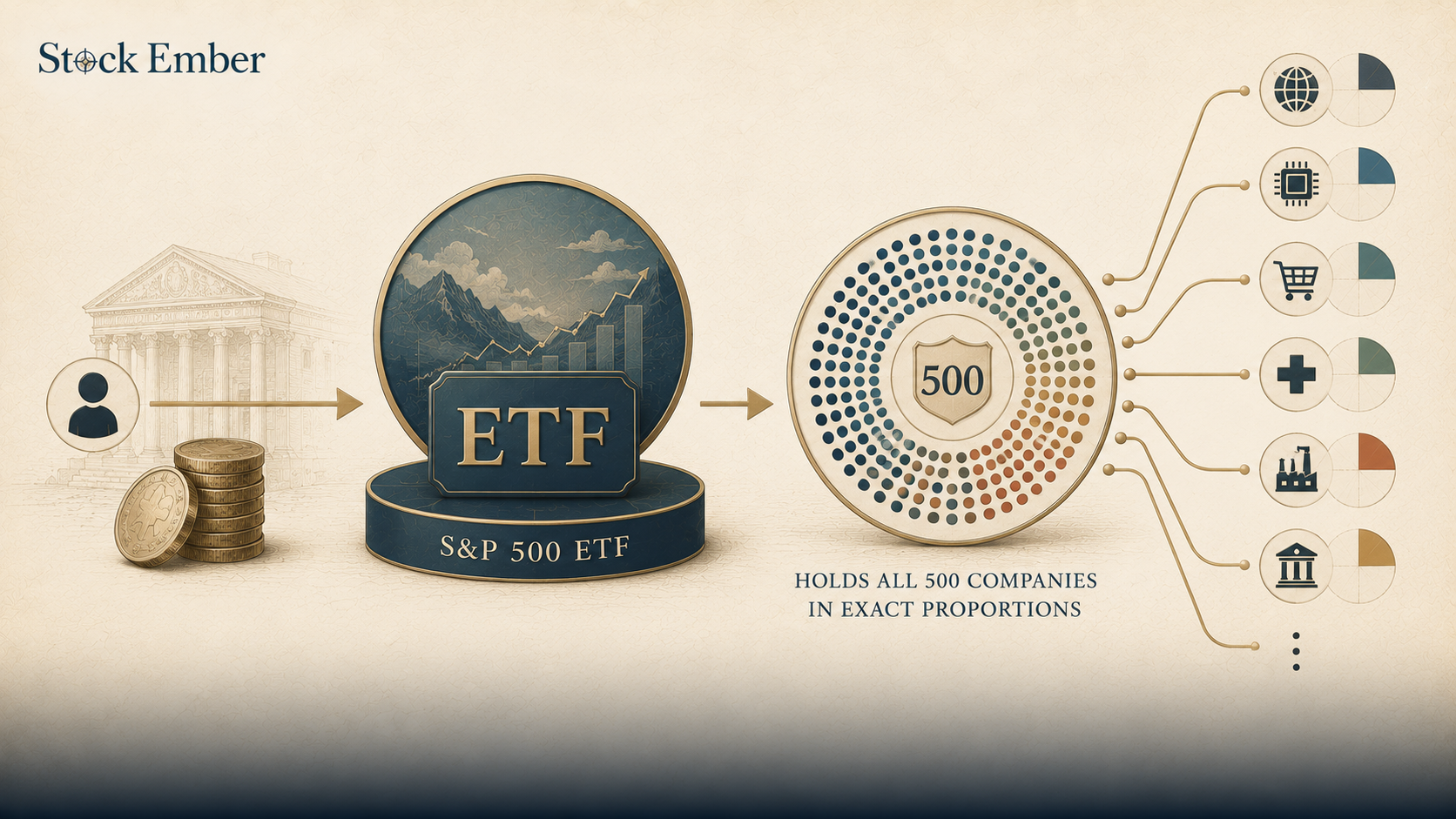 Diagram showing how index funds pool investor money to purchase all S&P 500 constituent stocks.