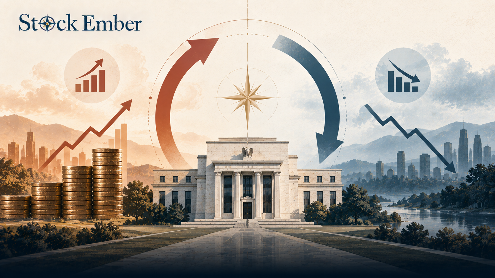 Diagram of central bank rate hikes and cuts during macroeconomic cycles