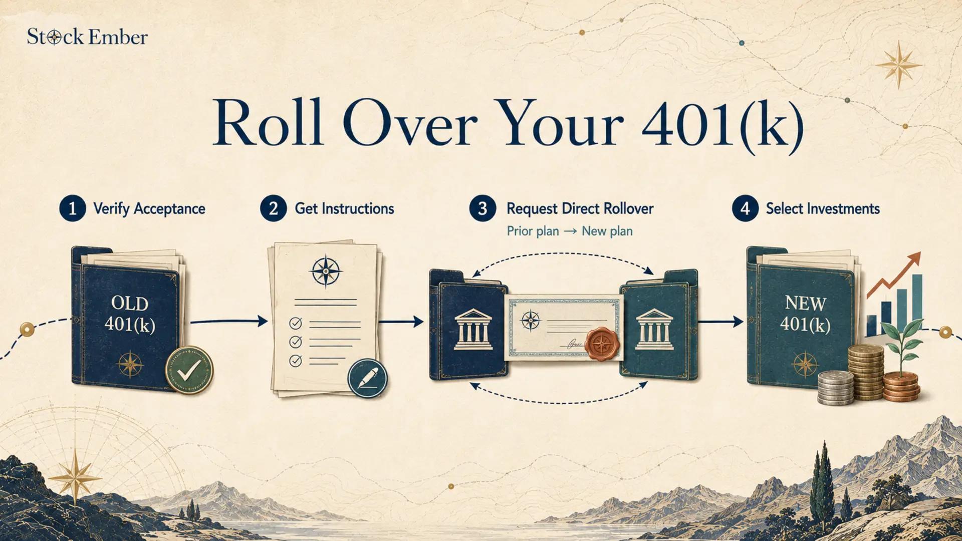 Step-by-step workflow showing how a 401(k) rollover to a new employer account works.