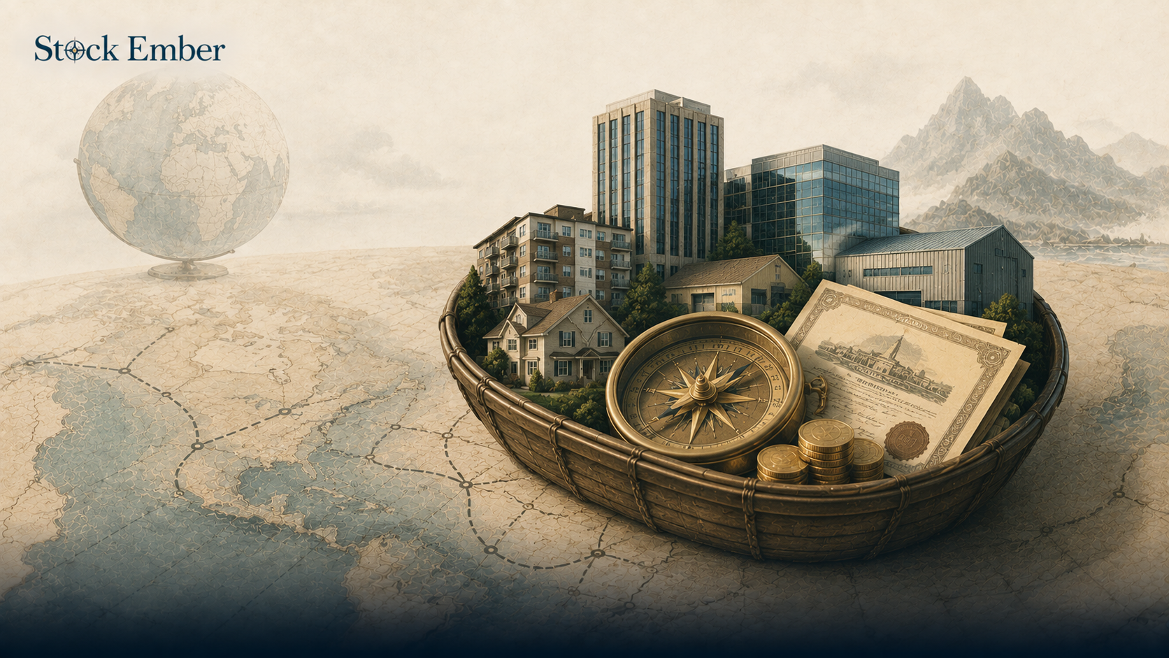 Modern illustration of real estate icons and exchange-traded fund charts.