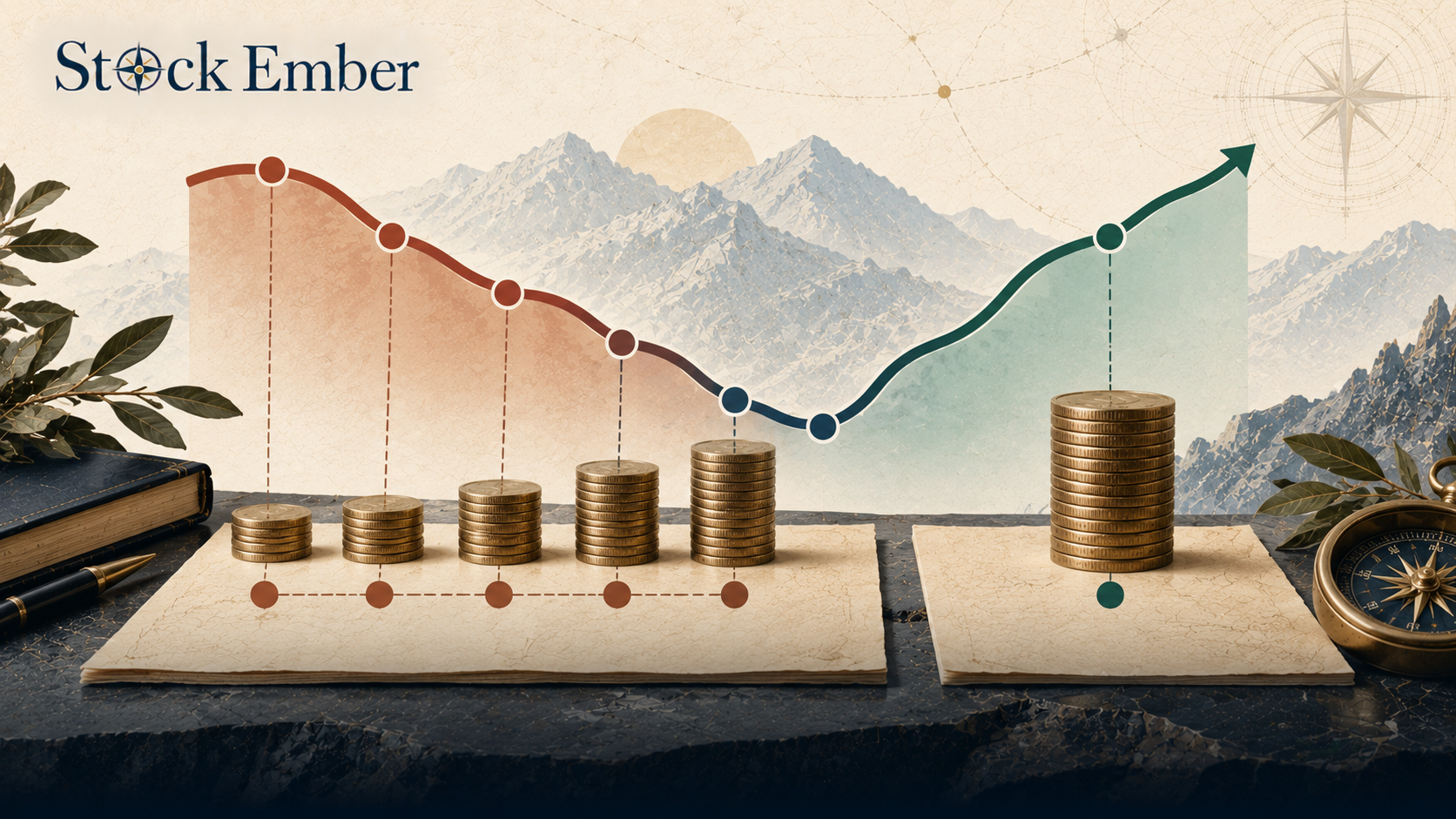 Chart showing how dollar-cost averaging buys more shares as stock prices fall