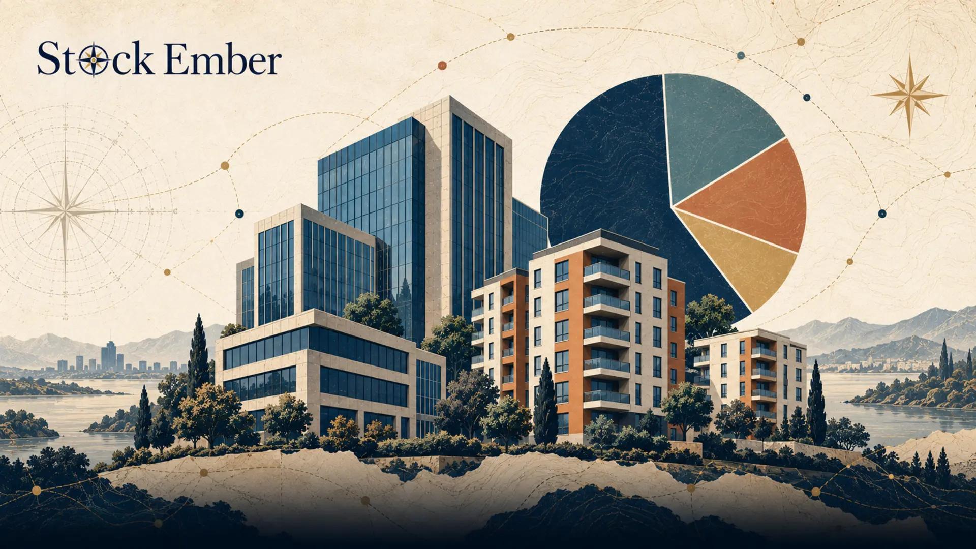 Illustration of a real estate investment trust showing commercial buildings and a diversified property portfolio pie chart.