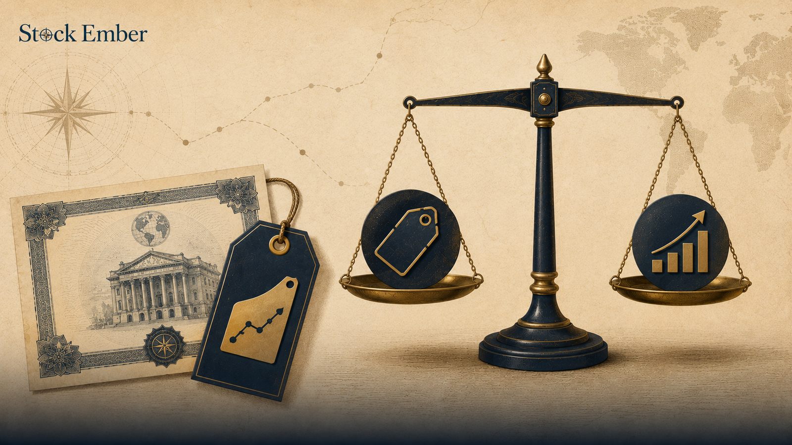 Illustration showing the price-to-earnings ratio calculation comparing stock price to earnings per share.