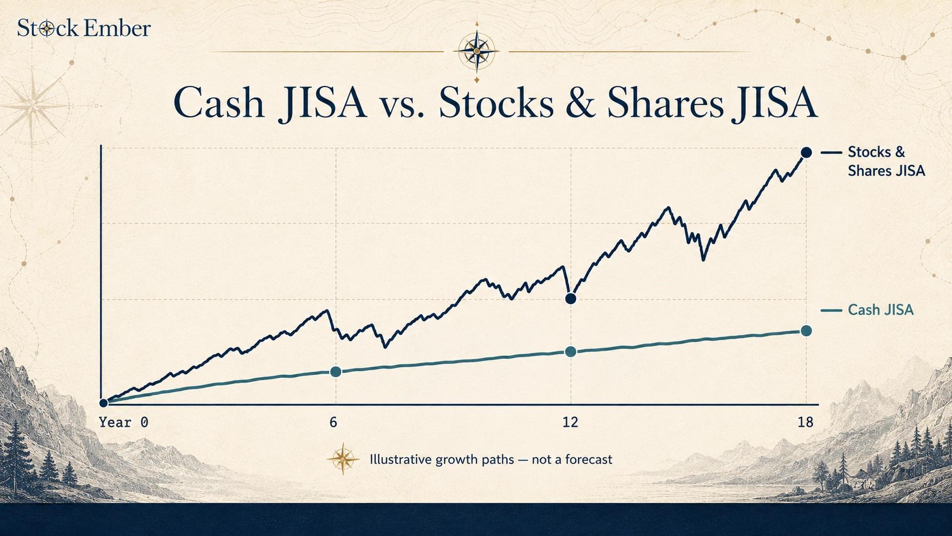 Comparison chart of cash savings versus stock market growth over 18 years