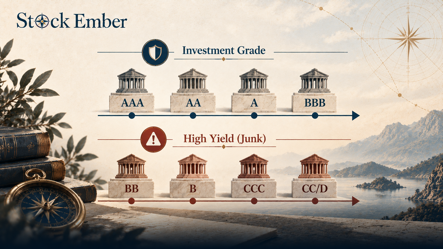 Credit rating spectrum showing investment-grade ratings from AAA to BBB and high-yield (junk) ratings from BB to CC/D.