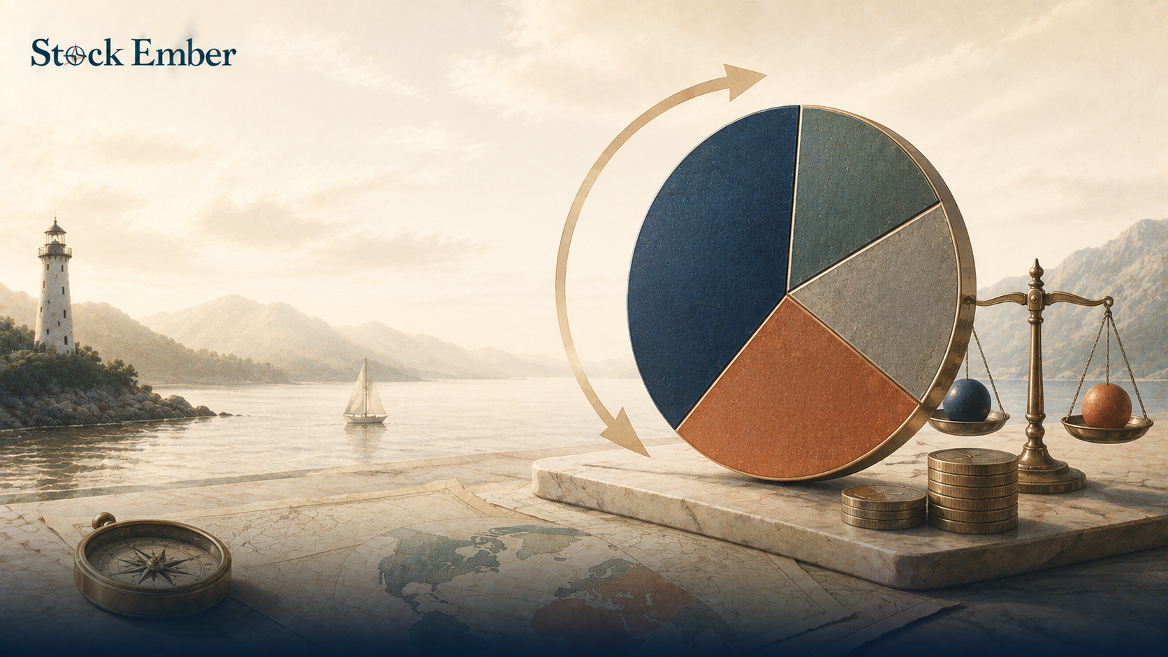 Illustration of a balance scale representing portfolio rebalancing between stocks and bonds.