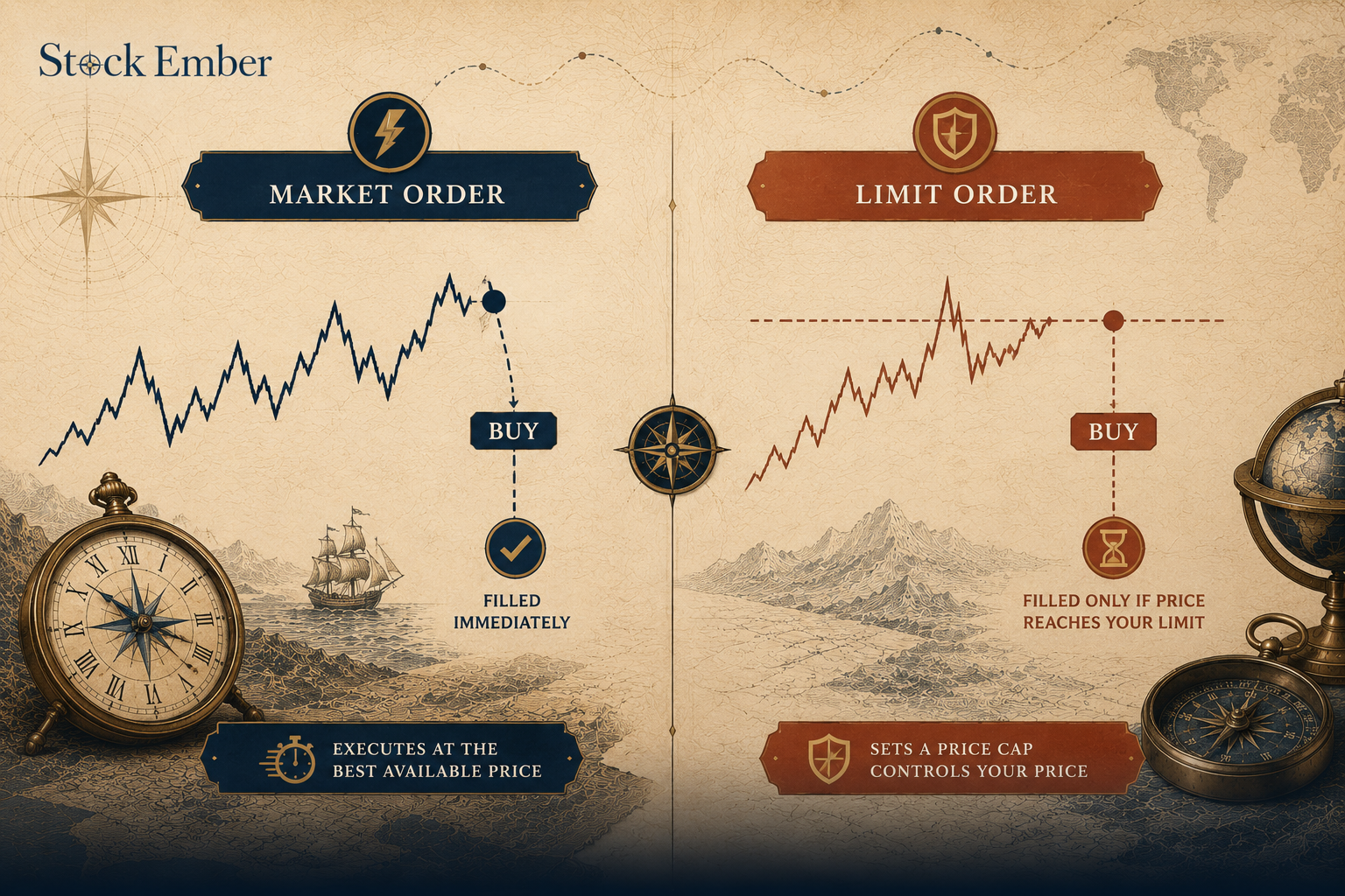 Diagram comparing market orders versus limit orders in stock trading.