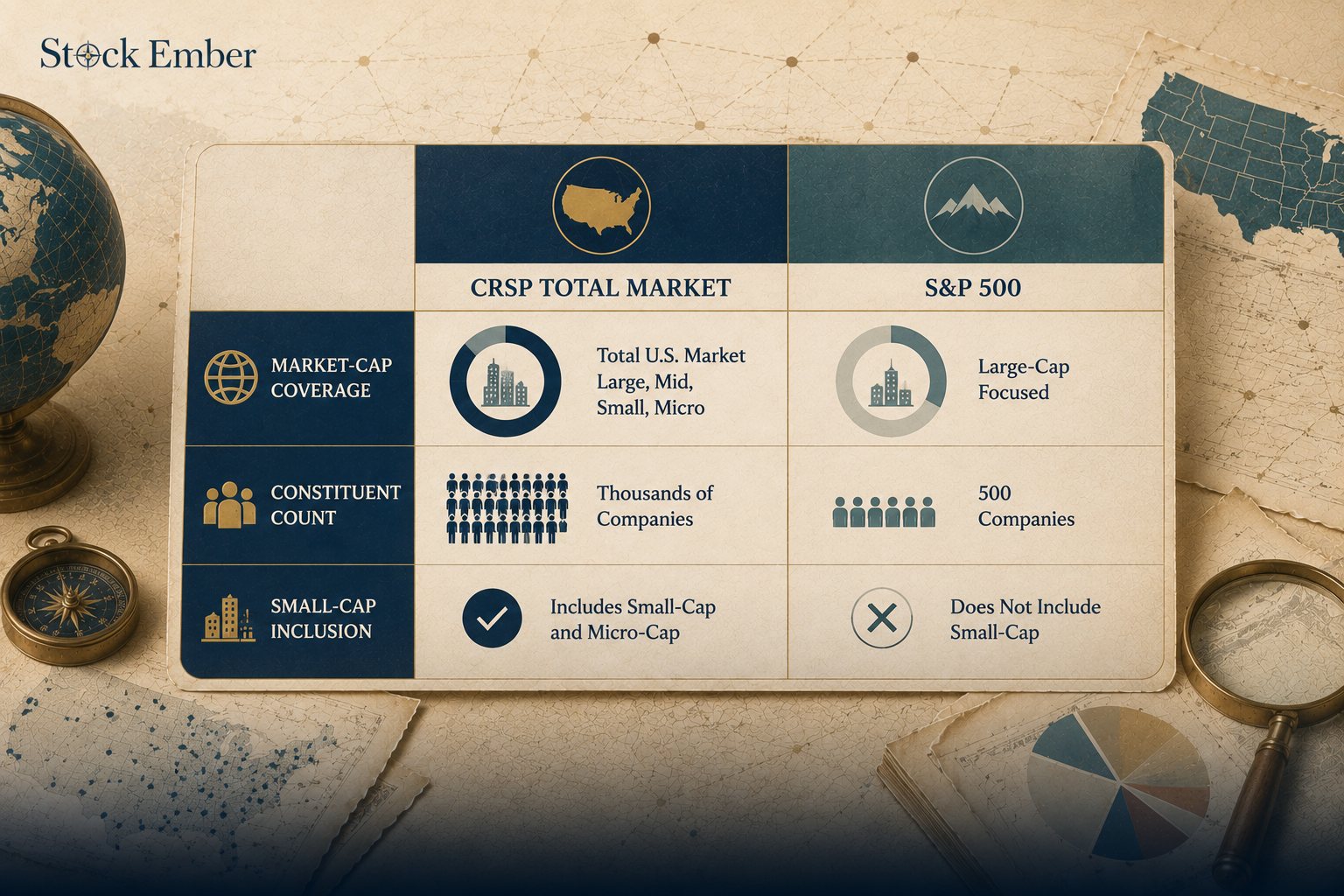 Comparison chart highlighting differences between CRSP US Total Market Index and S&P 500.