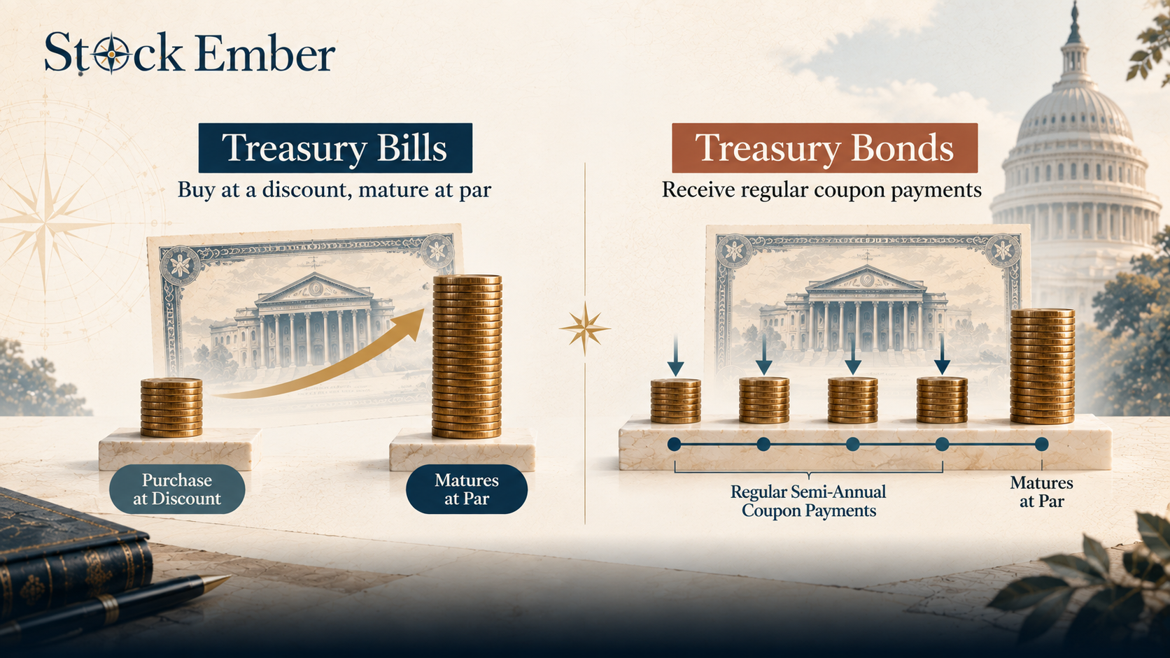 Diagram comparing Treasury bill discount returns with Treasury bond semi-annual coupon payments.