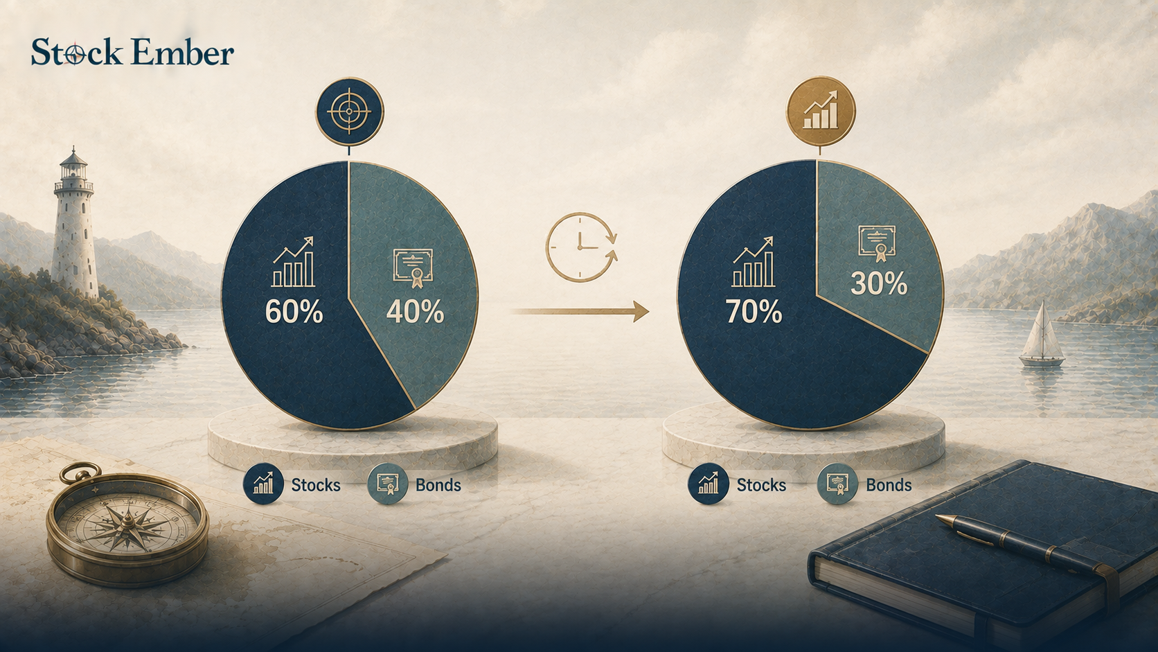 Visual diagram comparing a 60/40 target asset allocation with a drifted 69/31 portfolio allocation.