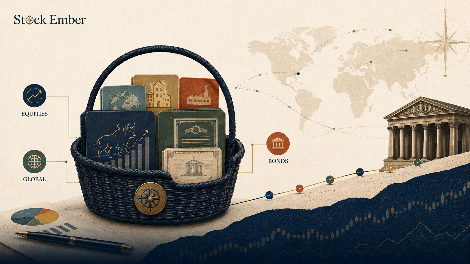 A flat vector diagram showing a diversified exchange-traded fund basket containing stocks and bonds trading live on an exchange.