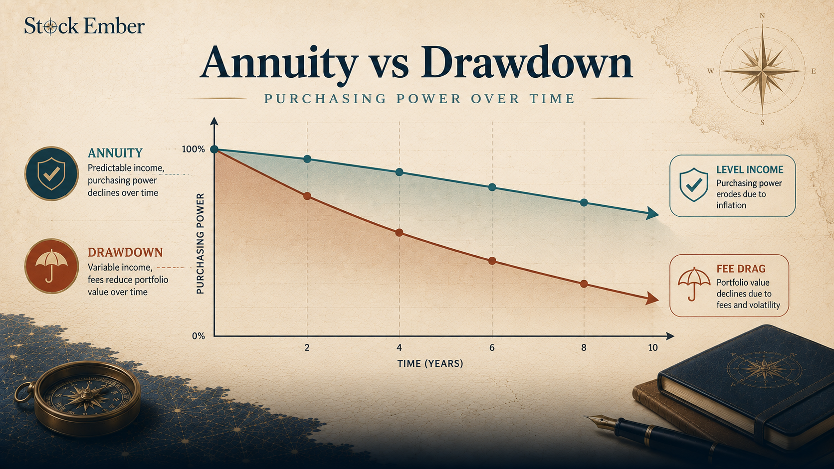 Graph showing inflation decay versus fee drag in retirement drawdown.
