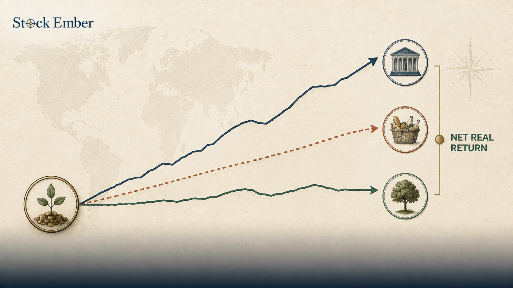 Diagram showing the difference between nominal returns and real returns after inflation.