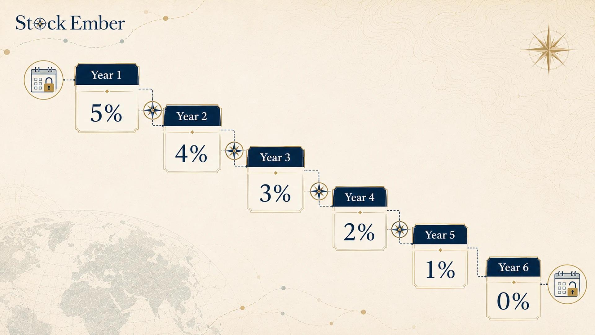 Step-down diagram showing a declining mutual fund exit charge over five years.