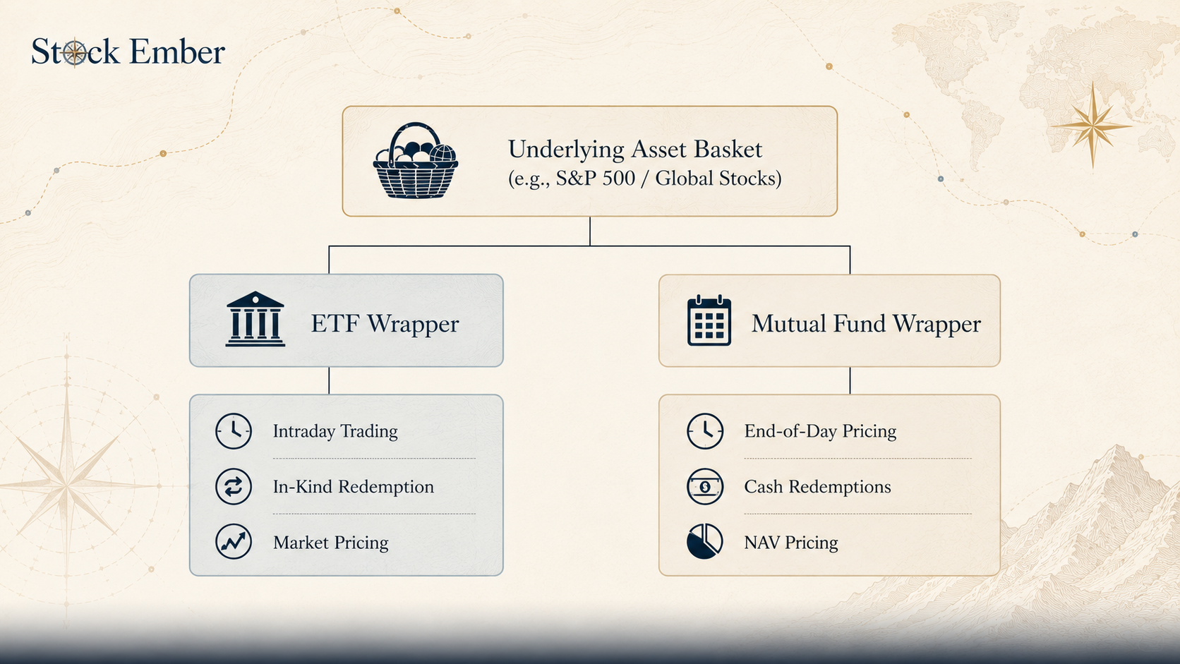 Diagram showing how ETFs and mutual funds can hold the same underlying asset basket while differing in trading, pricing, and tax mechanics.