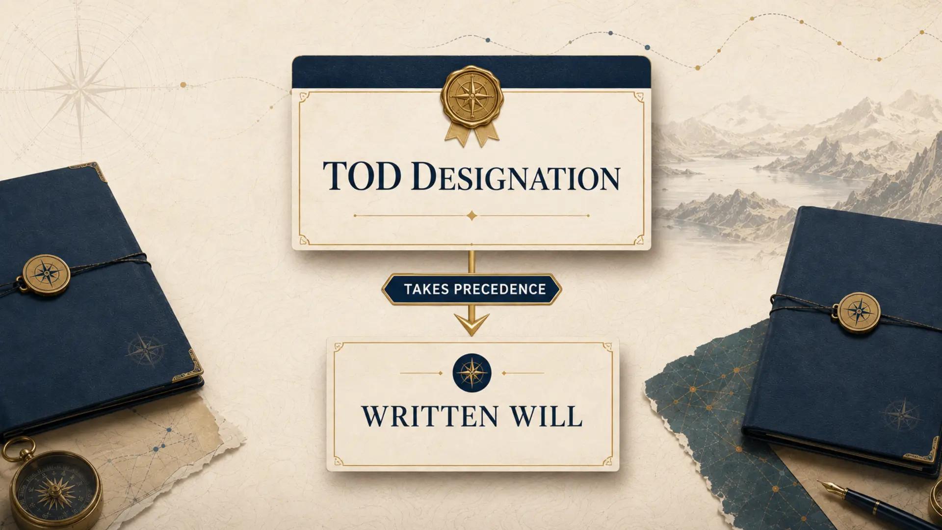 Chart showing that a transfer on death designation legally overrides a written will.