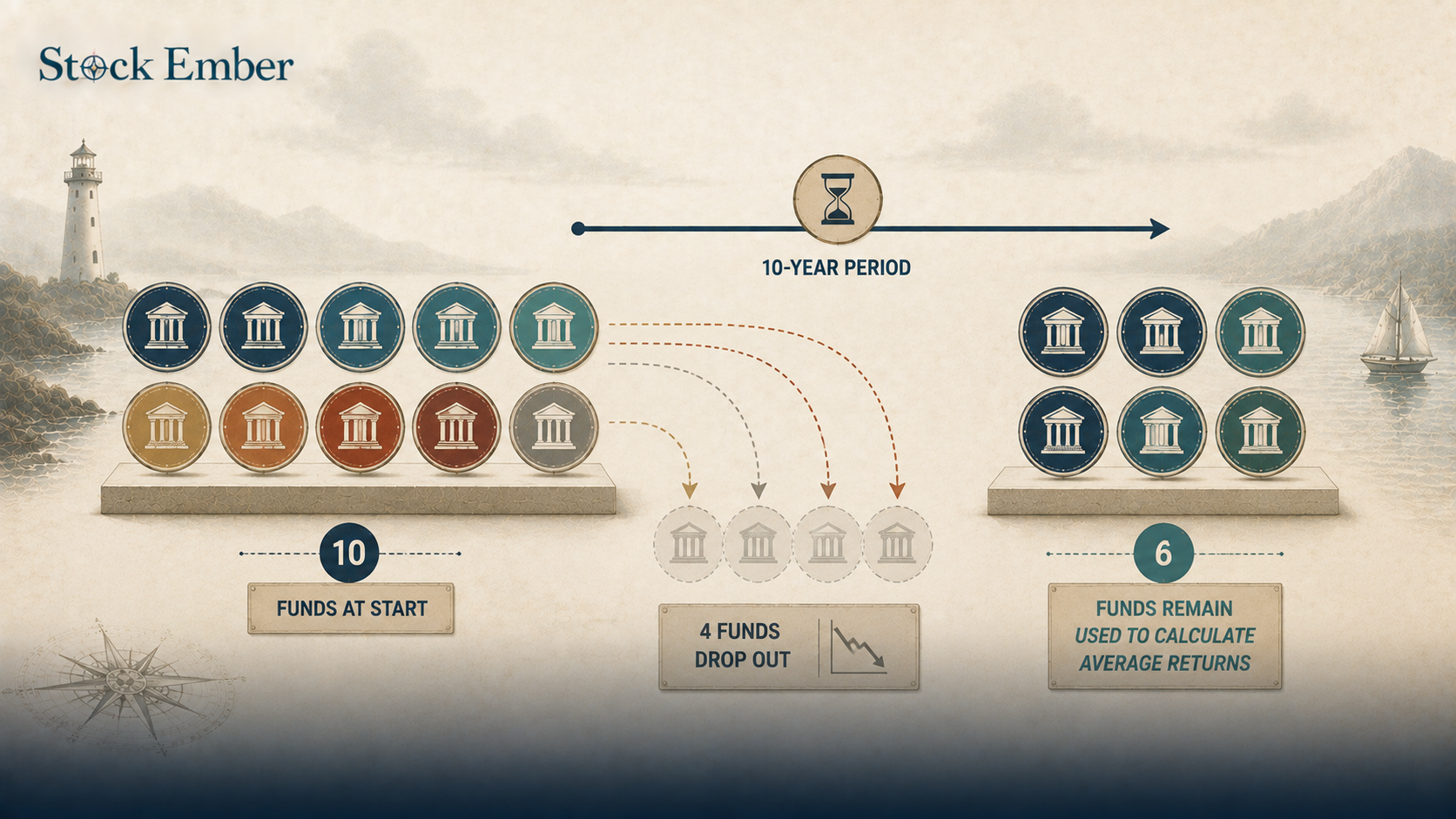 Diagram showing how fund attrition inflates historical average mutual fund returns.