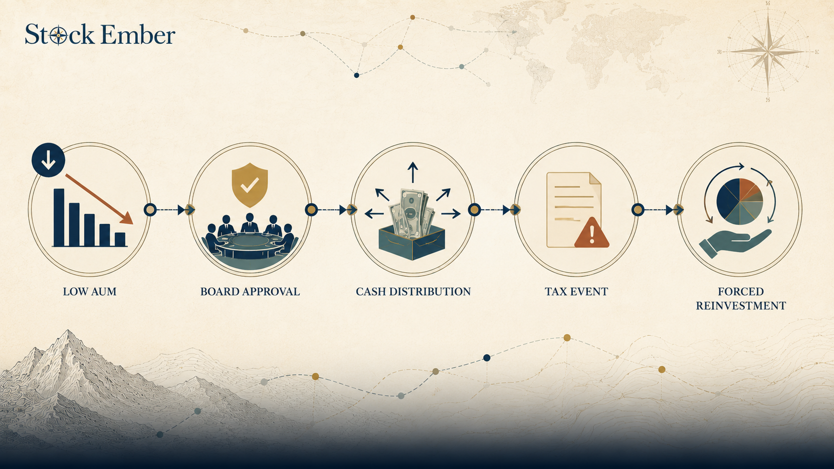 Diagram showing the operational steps of an ETF fund closure and liquidation process.