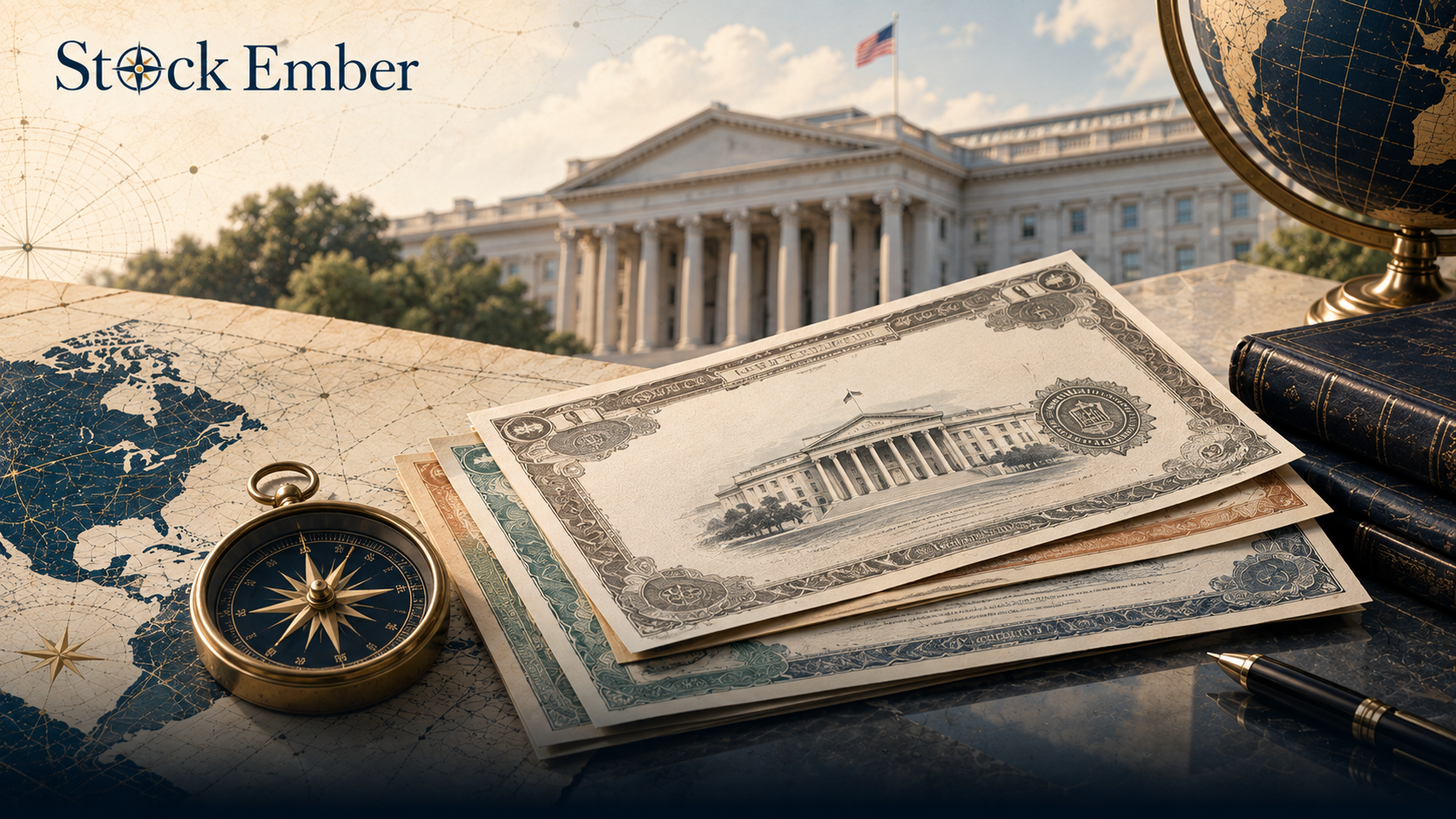Illustration of U.S. Treasury bond certificates and digital purchasing options.