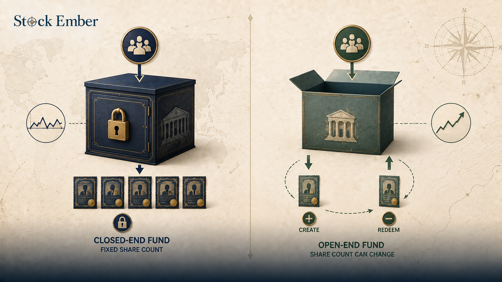 Diagram comparing closed-end fund fixed share structure against open-end fund creation.